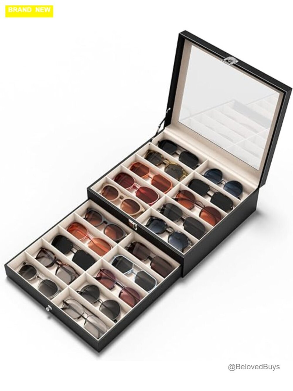 20 Slot Sunglass Organizer with UV-Blocking Lid, PU Leather & Velvet